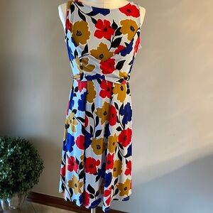 MOTHERHOOD MATERNITY bright floral dress, jersey, belted, A line size Med